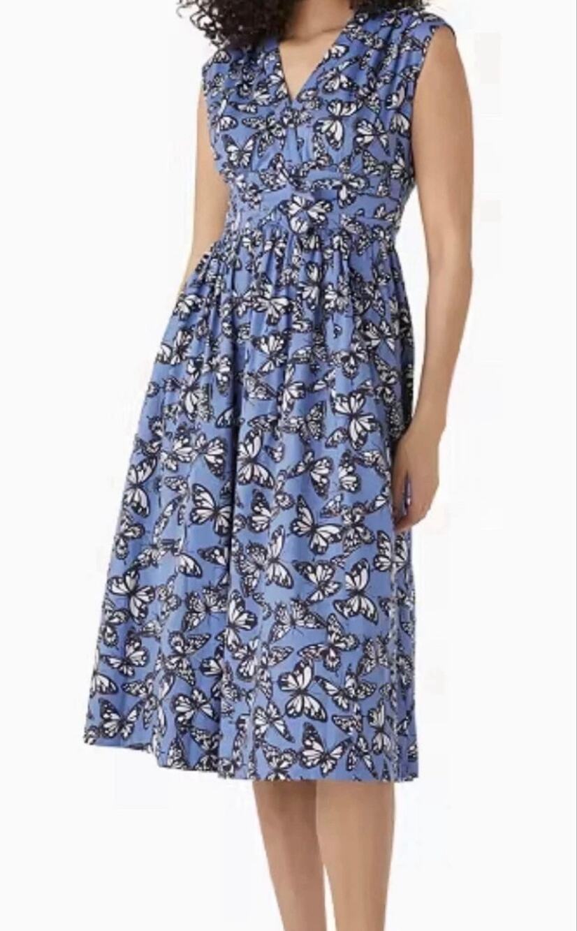 Kate Spade Butterfly Cotton Poplin Midi Dress Women's 4 Blue All Over Print